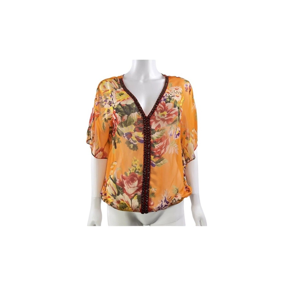 Free People Women's Blouse Top Sheer Genius Floral Orange Sequin Size S NWT